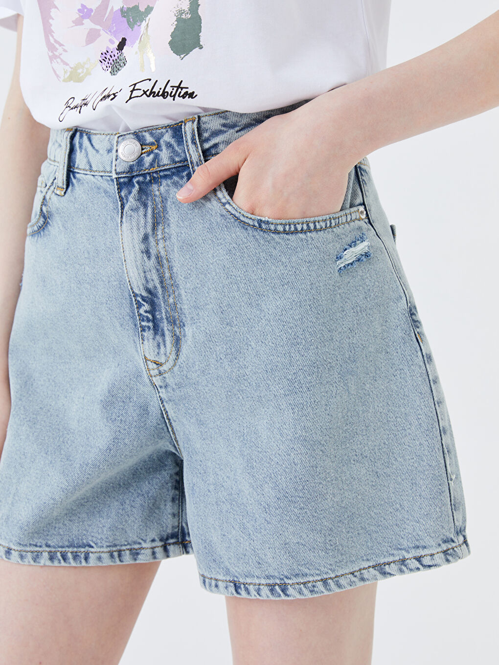 İndigo Yüksek Bel Standart Fit Kadın Jean Şort-4