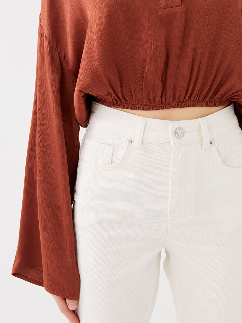 Ekru Yüksek Bel Straight Kadın Jean Pantolon-2