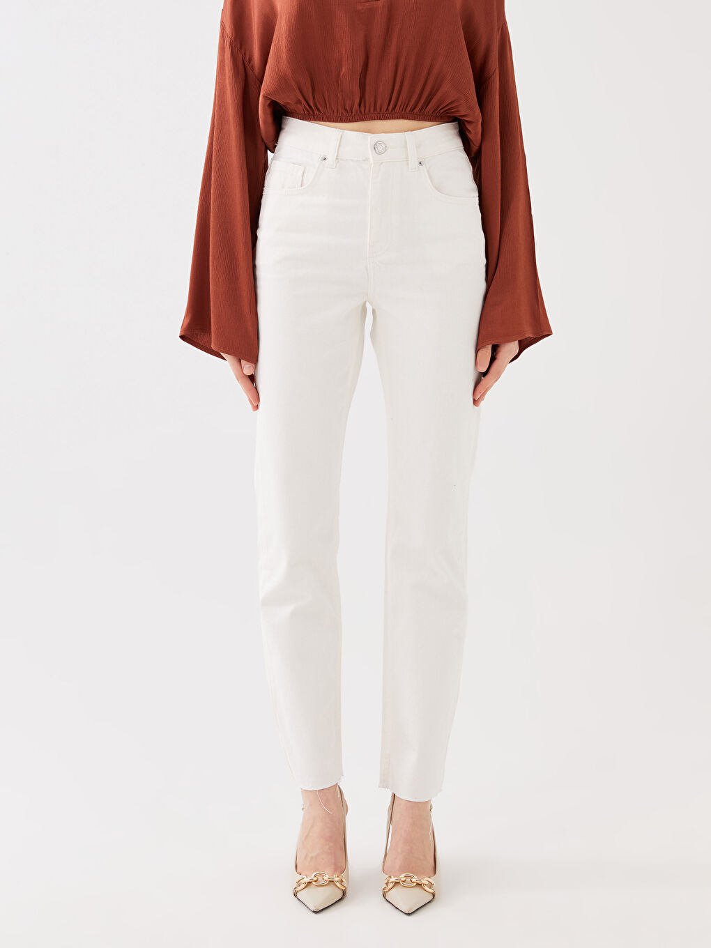 Ekru Yüksek Bel Straight Kadın Jean Pantolon-3