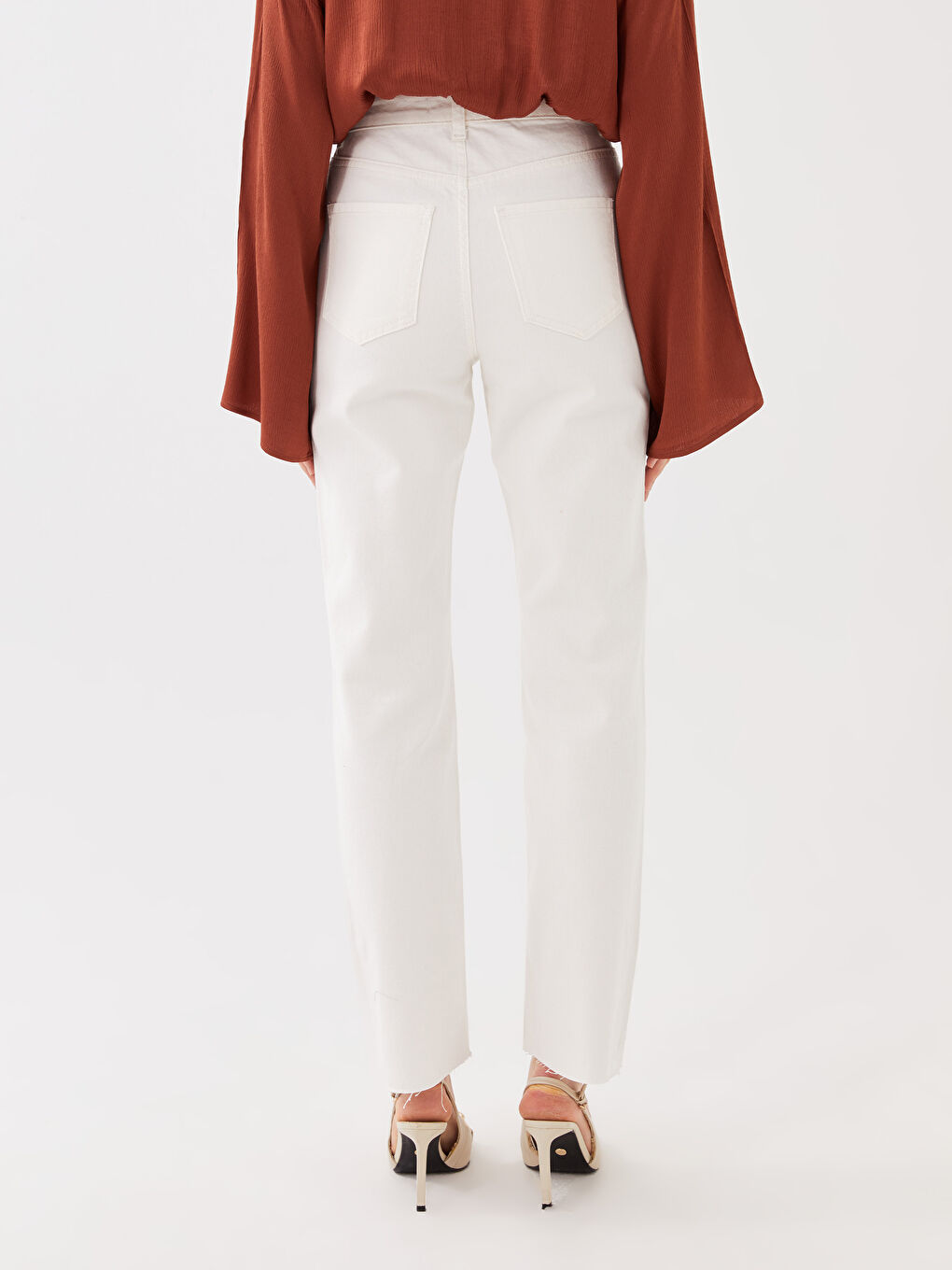 Ekru Yüksek Bel Straight Kadın Jean Pantolon-4