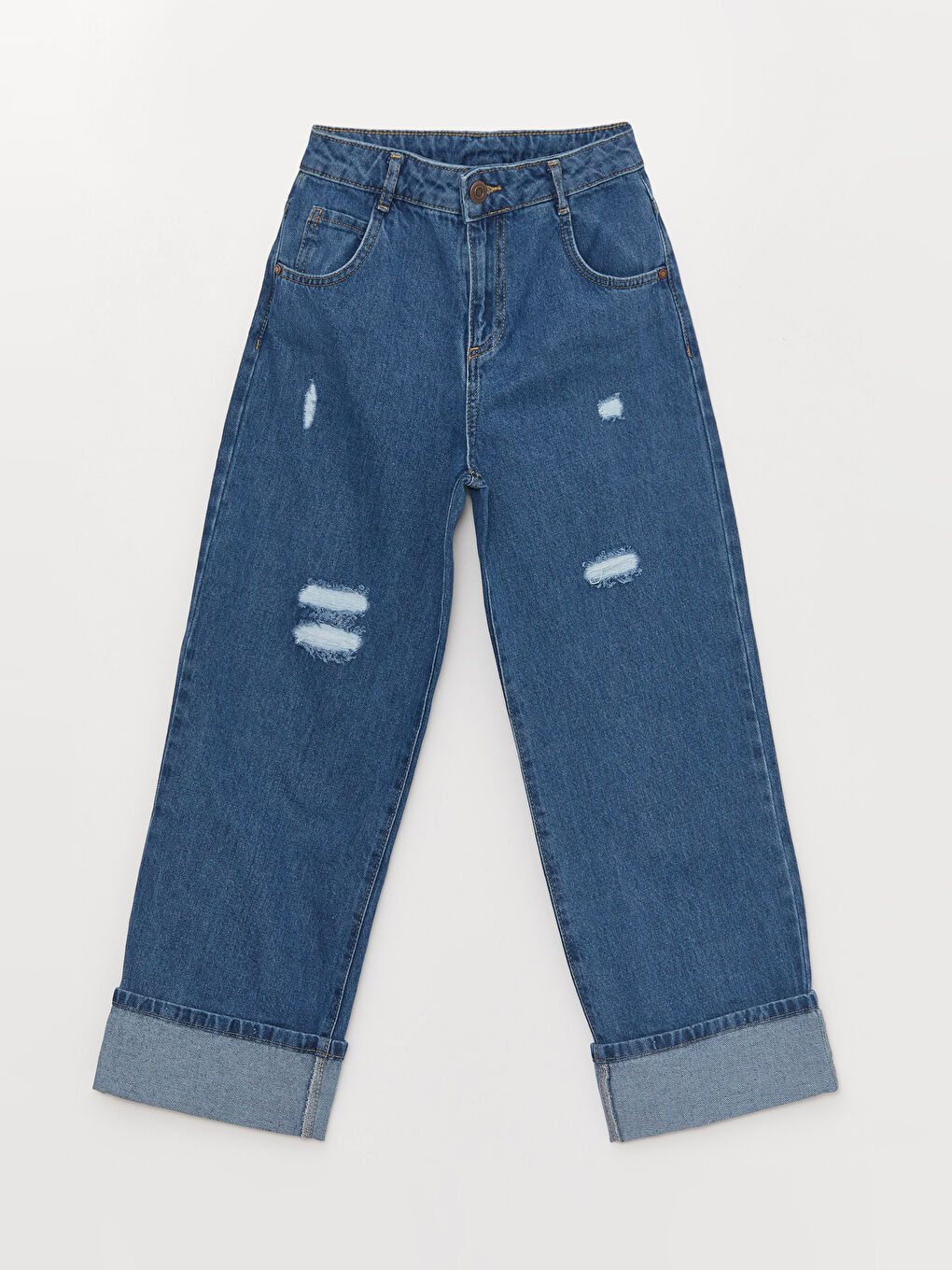 İndigo Yırtık Detaylı Geniş Paça Kız Çocuk Jean Pantolon-2