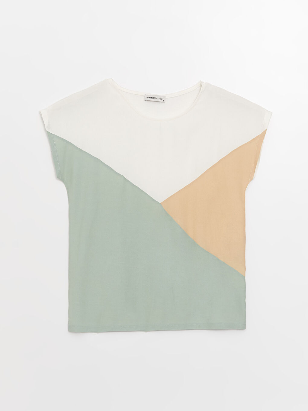 Ekru Bisiklet Yaka Renk Bloklu Kısa Kollu Kadın Tişört-4