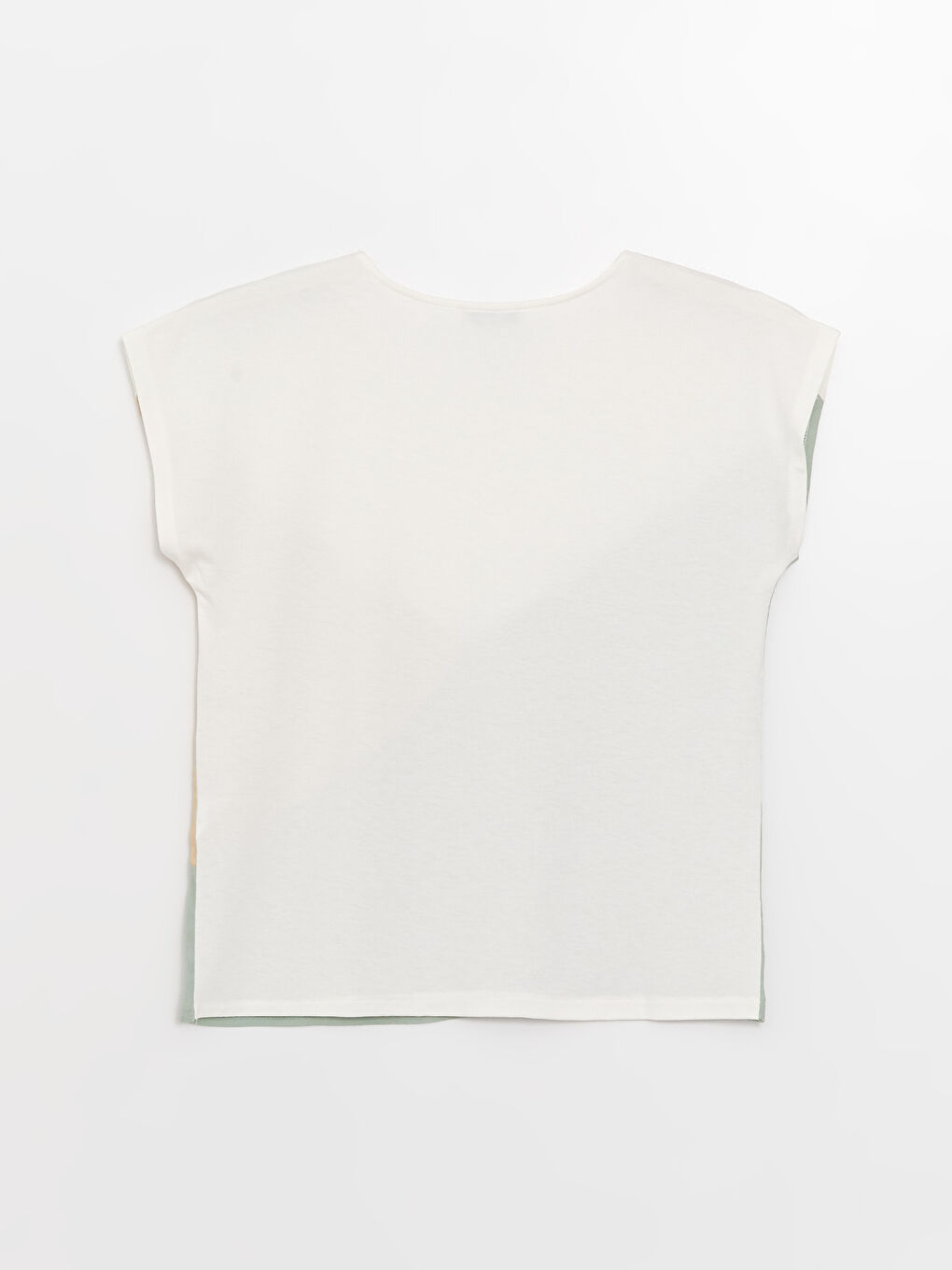 Ekru Bisiklet Yaka Renk Bloklu Kısa Kollu Kadın Tişört-5