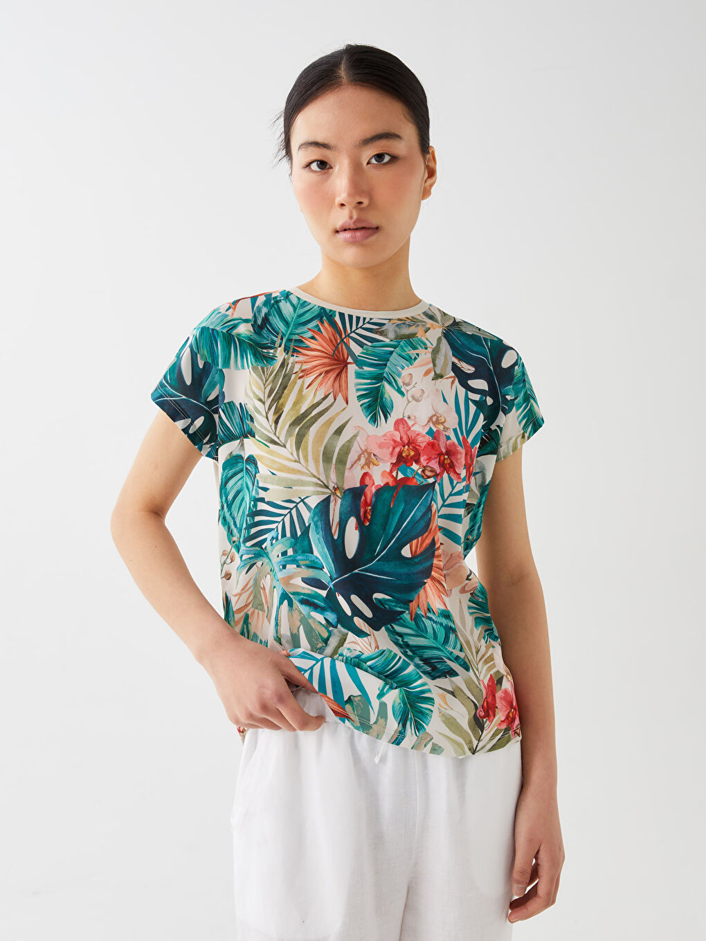 T-shirt à manches courtes à motifs avec col rond pour Femmes