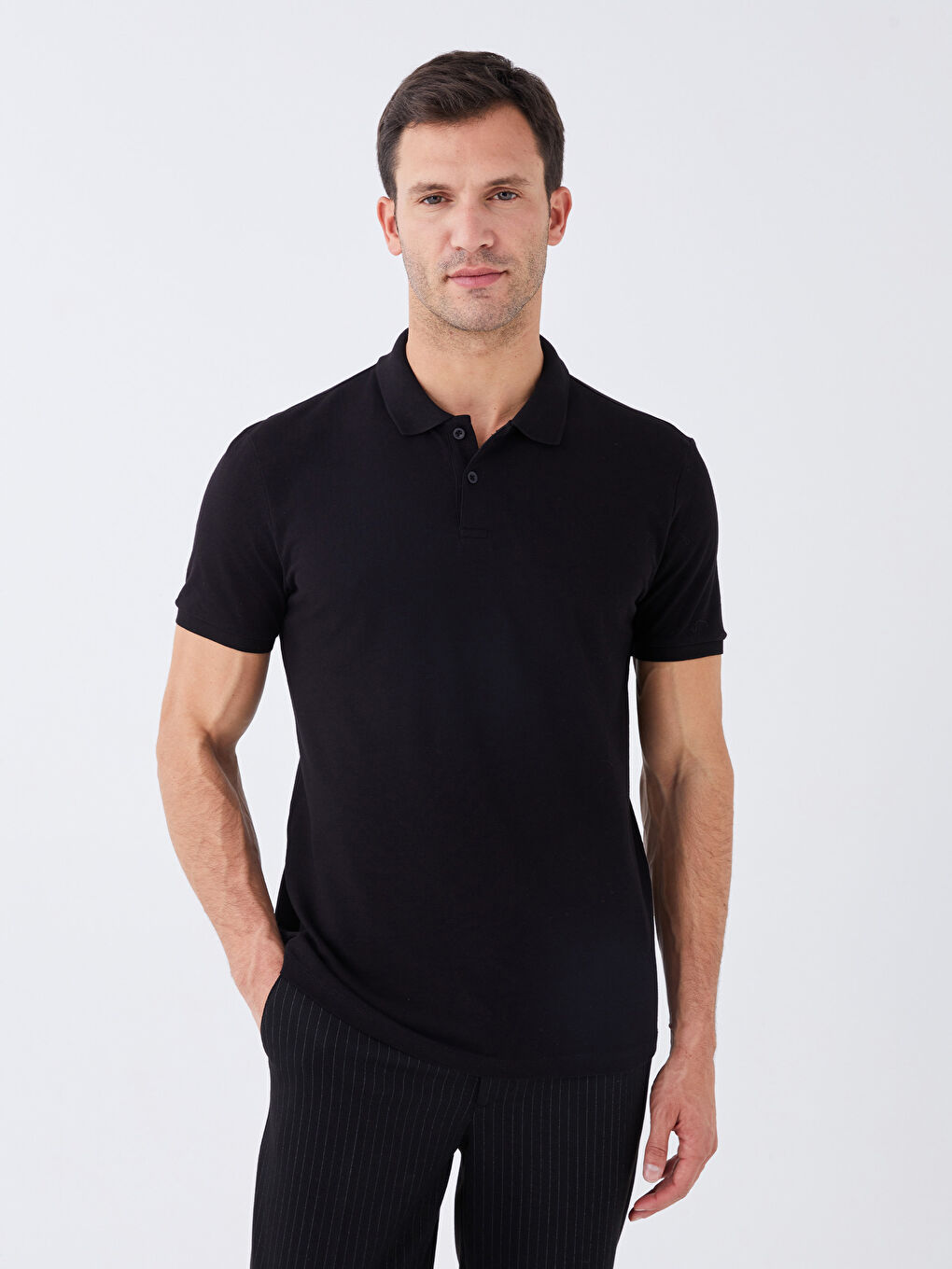 Siyah Polo Yaka Kısa Kollu Pike Erkek Tişört-1