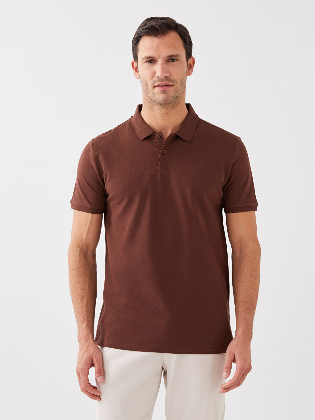 Kahverengi Polo Yaka Kısa Kollu Pike Erkek Tişört-1