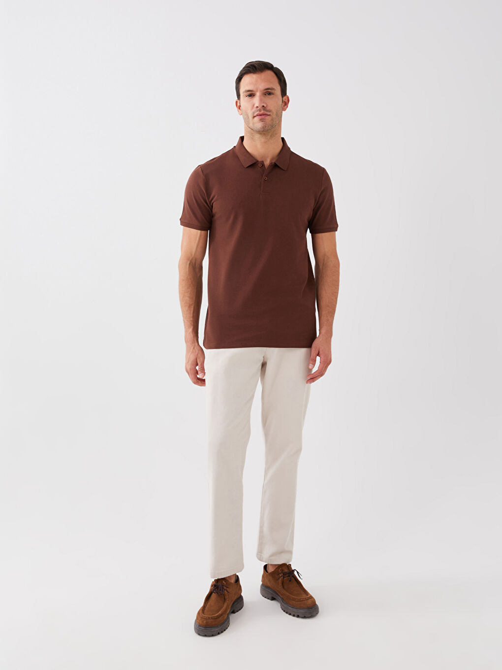 Kahverengi Polo Yaka Kısa Kollu Pike Erkek Tişört-2