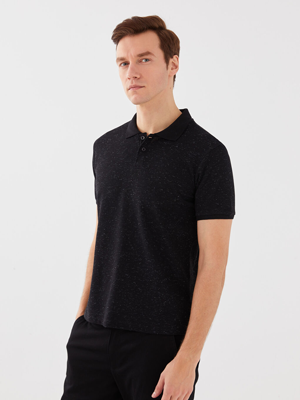 Siyah Polo Yaka Kısa Kollu Pike Erkek Tişört-1