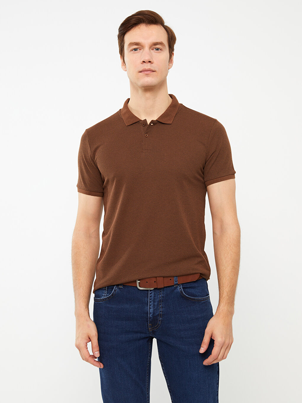 LCW ECO Kahverengi Polo Yaka Kısa Kollu Desenli Erkek Tişört