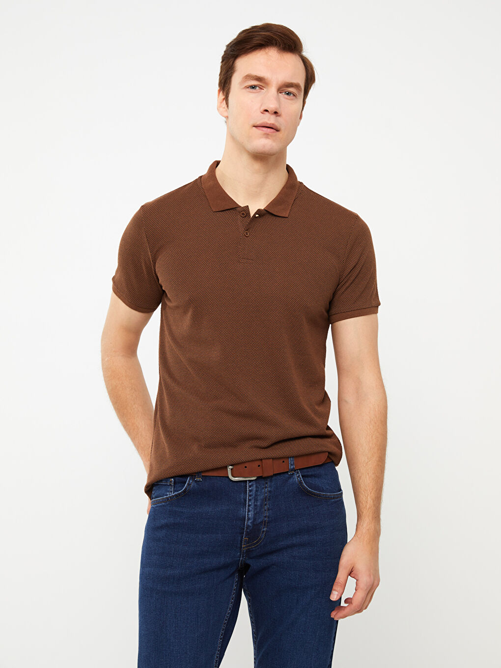LCW ECO Kahverengi Polo Yaka Kısa Kollu Desenli Erkek Tişört - 1