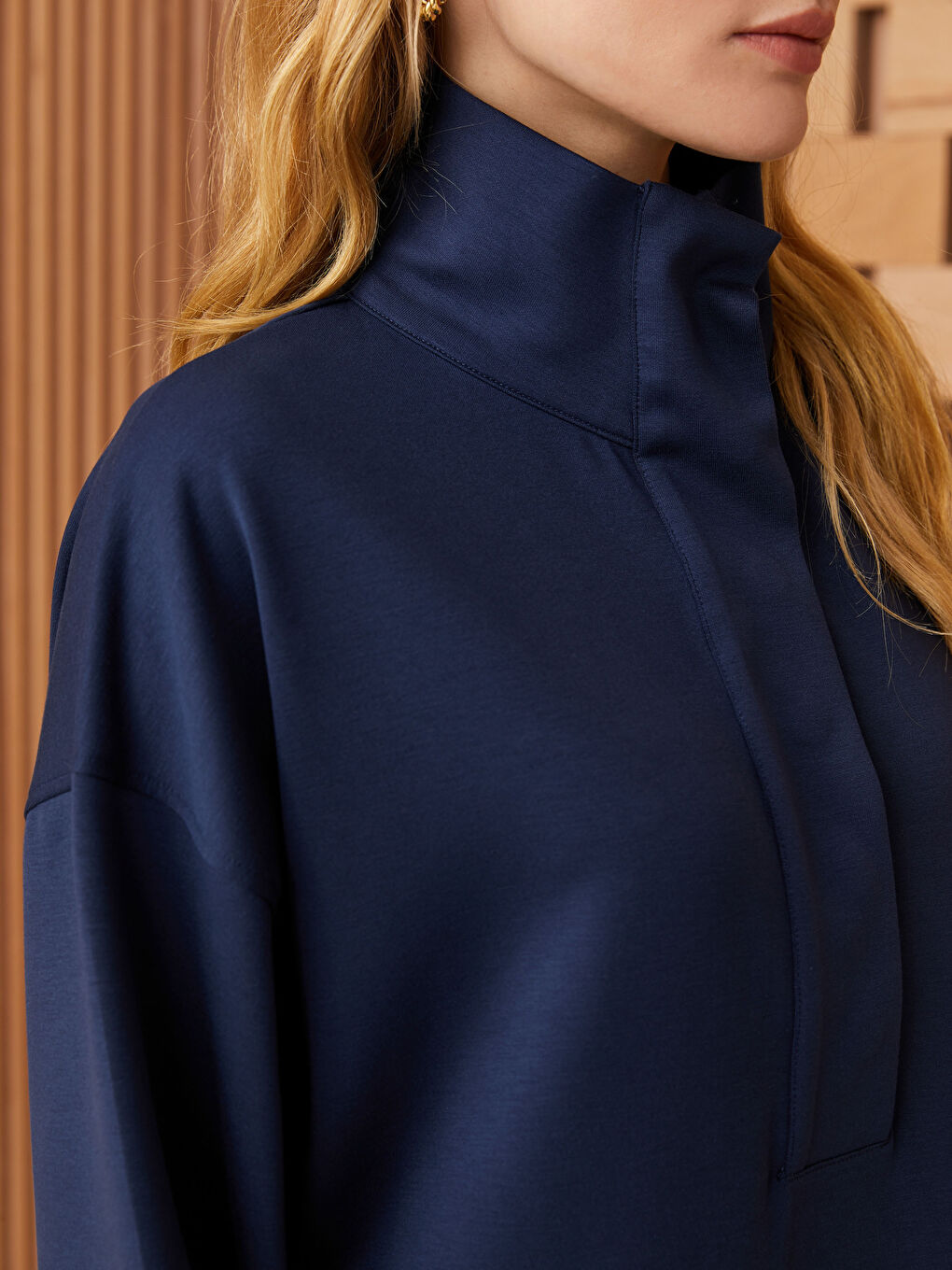 Lacivert Dik Yaka Düz Uzun Kollu Oversize Kadın Tunik-3
