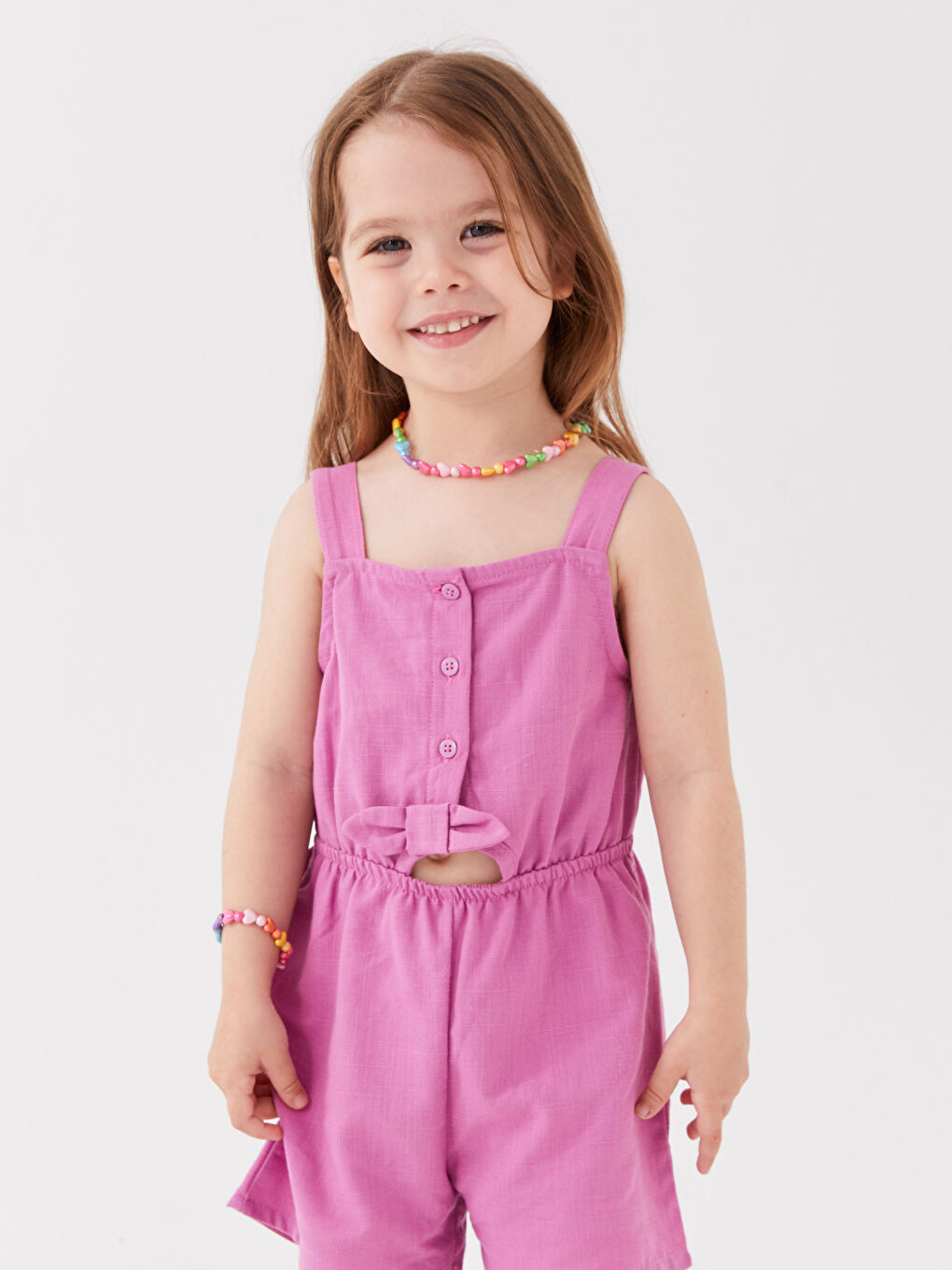 Pembe Kare Yaka Askılı Kız Bebek Salopet-1