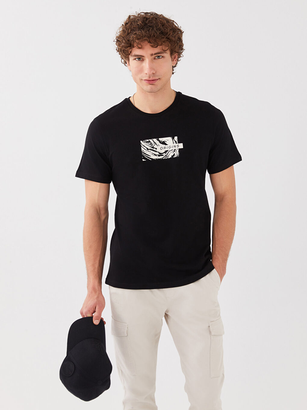 Siyah Bisiklet Yaka Kısa Kollu Baskılı Penye Erkek Tişört-1