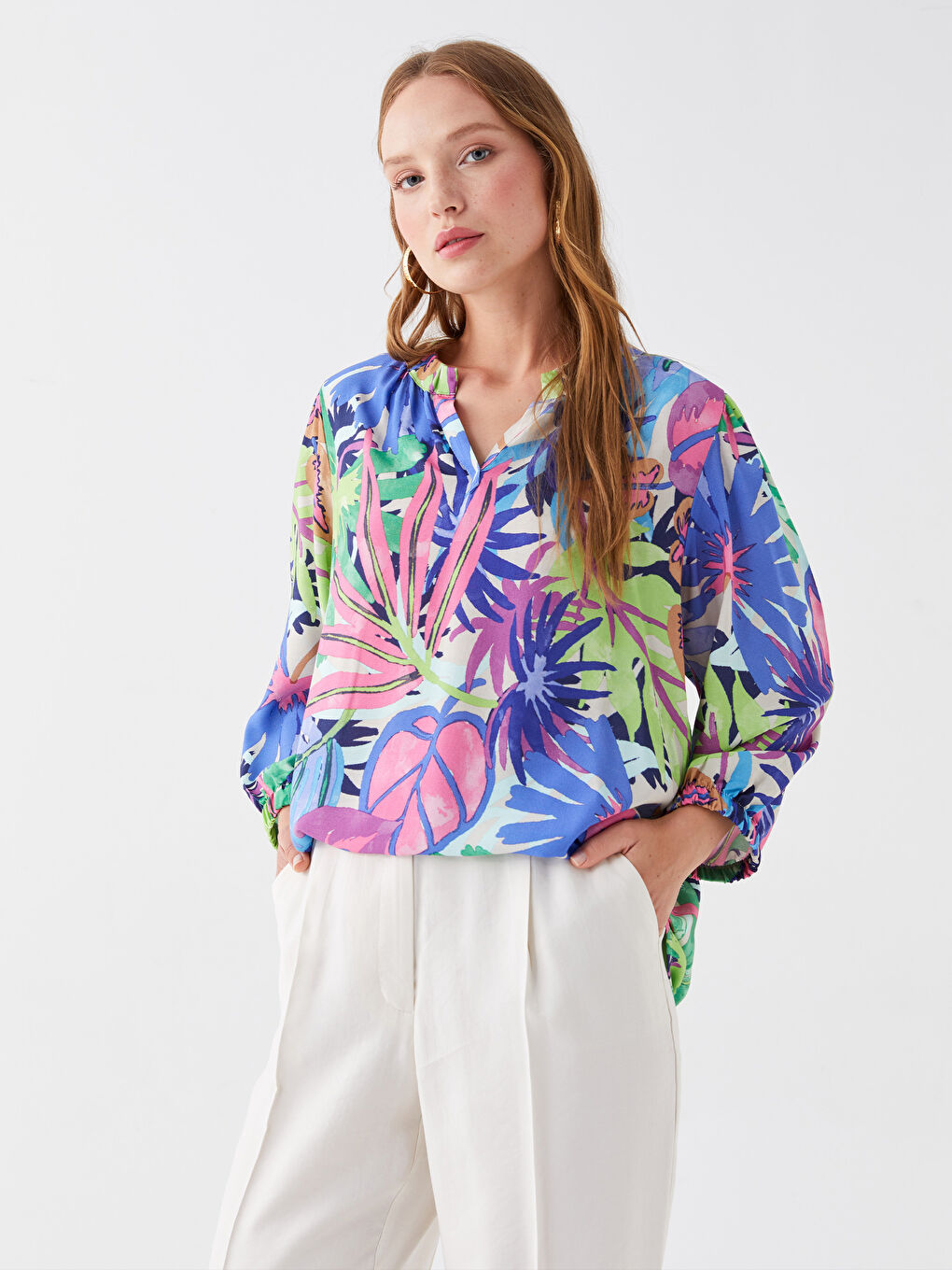 Karışık Kaçık Yaka Desenli Uzun Kollu Oversize Krinkle Kadın Bluz