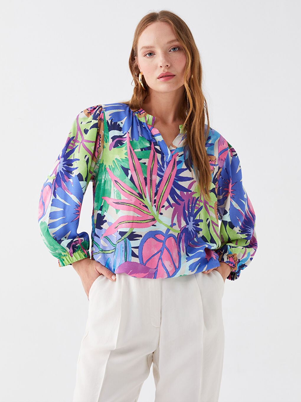 Karışık Kaçık Yaka Desenli Uzun Kollu Oversize Krinkle Kadın Bluz-1