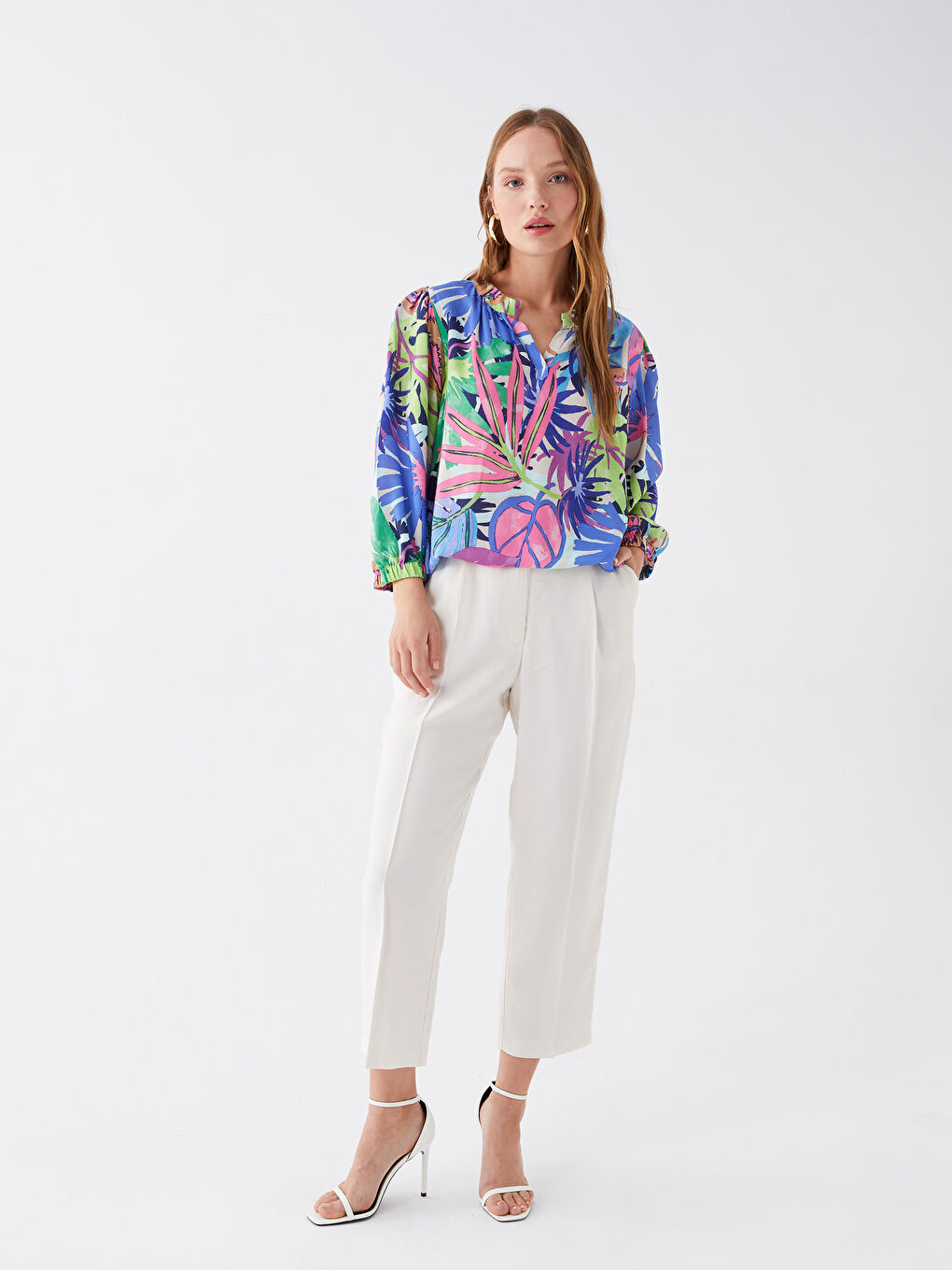 Karışık Kaçık Yaka Desenli Uzun Kollu Oversize Krinkle Kadın Bluz-2