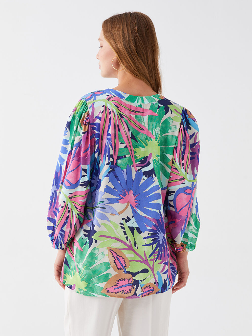 Karışık Kaçık Yaka Desenli Uzun Kollu Oversize Krinkle Kadın Bluz-4