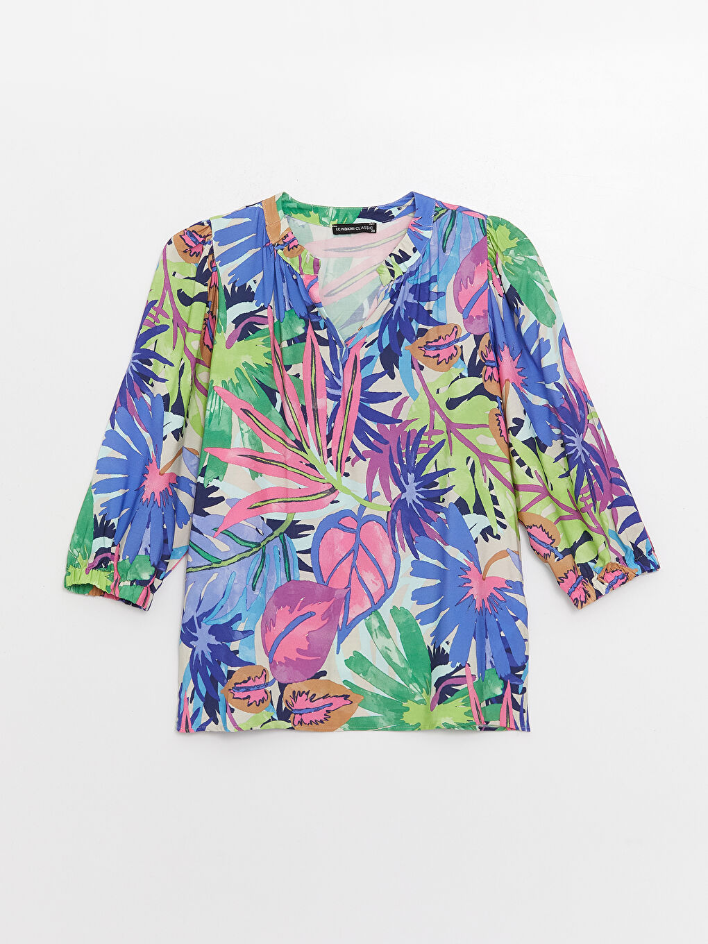 Karışık Kaçık Yaka Desenli Uzun Kollu Oversize Krinkle Kadın Bluz-5