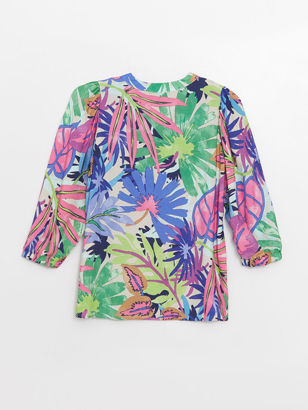 Karışık Kaçık Yaka Desenli Uzun Kollu Oversize Krinkle Kadın Bluz-6