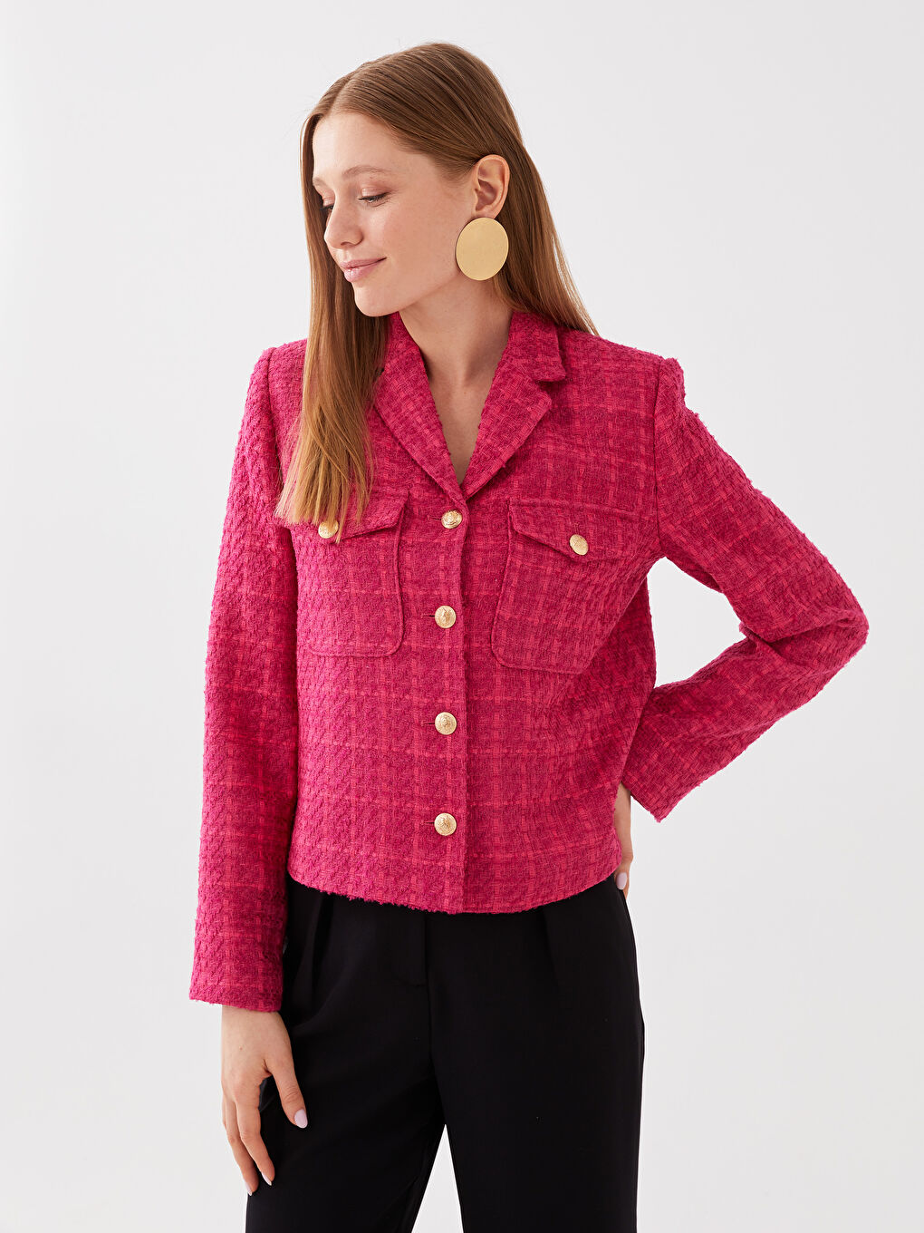 Fuşya Kendinden Desenli Uzun Kollu Kadın Tüvit Blazer Ceket