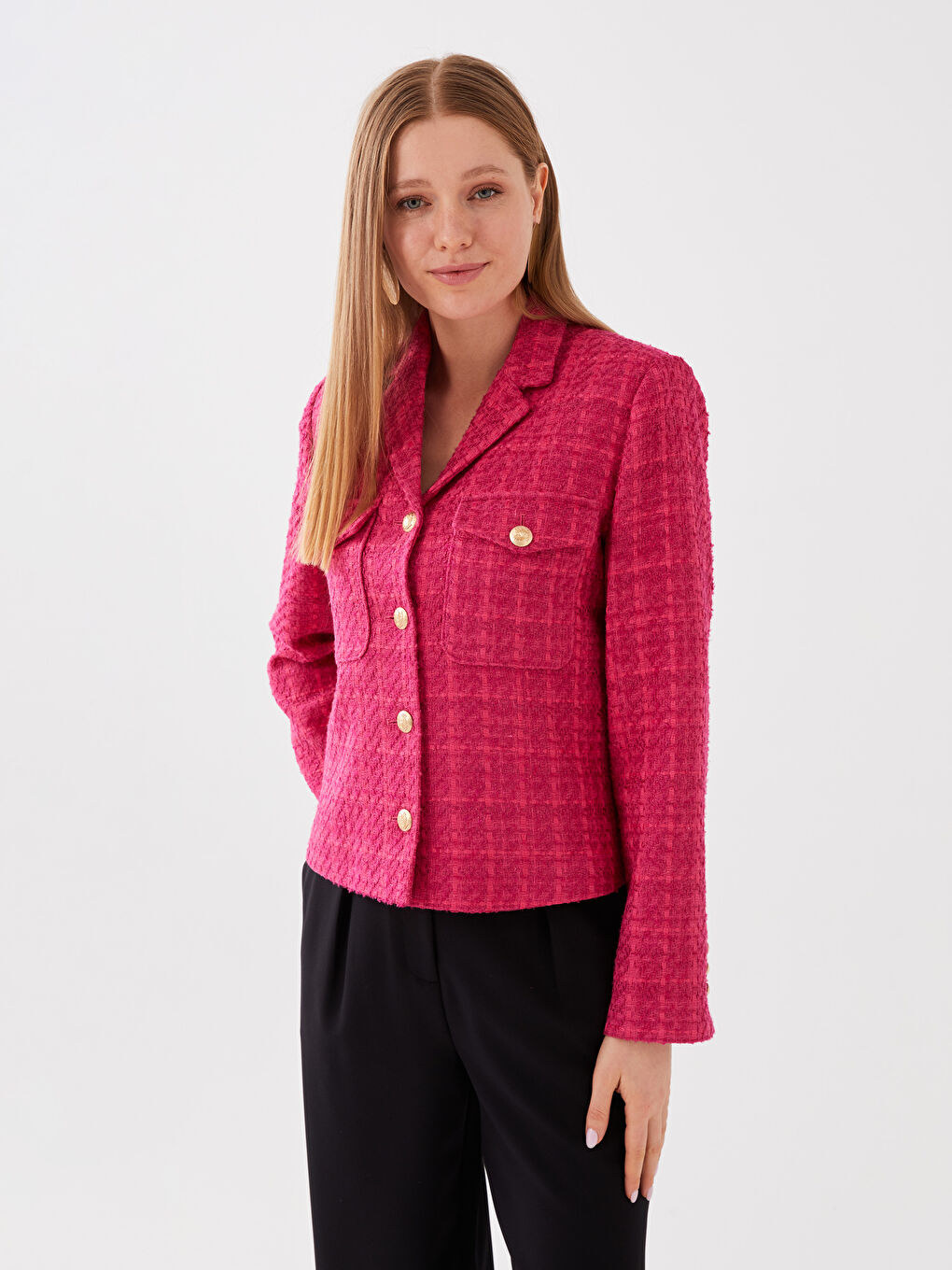 Fuşya Kendinden Desenli Uzun Kollu Kadın Tüvit Blazer Ceket-1