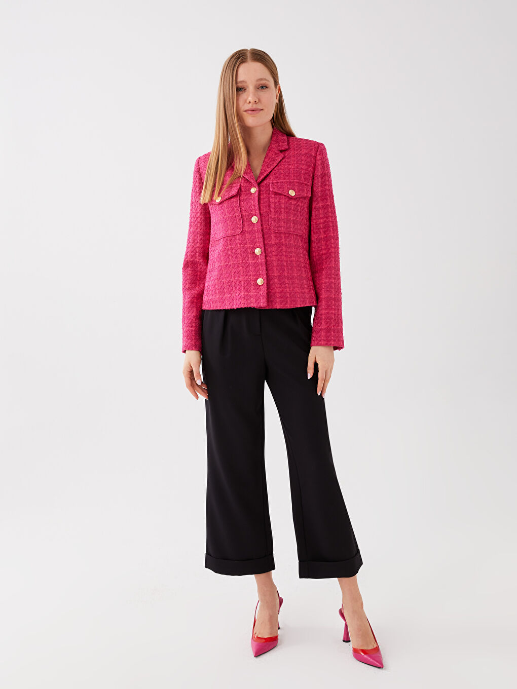 Fuşya Kendinden Desenli Uzun Kollu Kadın Tüvit Blazer Ceket-2