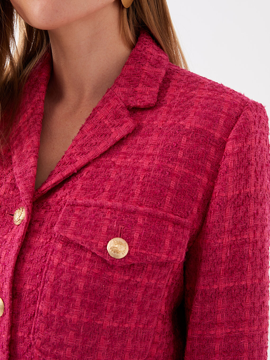 Fuşya Kendinden Desenli Uzun Kollu Kadın Tüvit Blazer Ceket-3