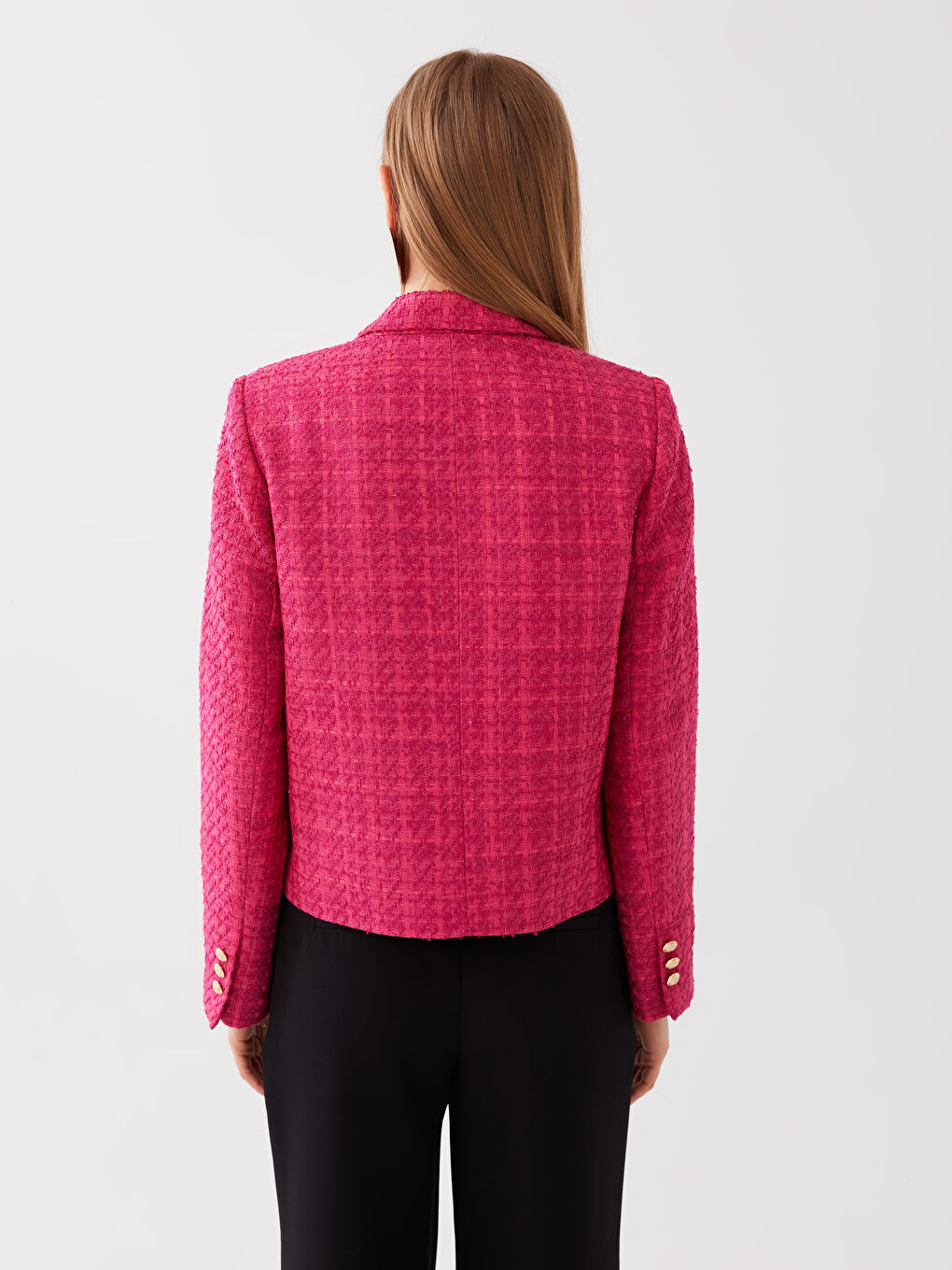 Fuşya Kendinden Desenli Uzun Kollu Kadın Tüvit Blazer Ceket-4