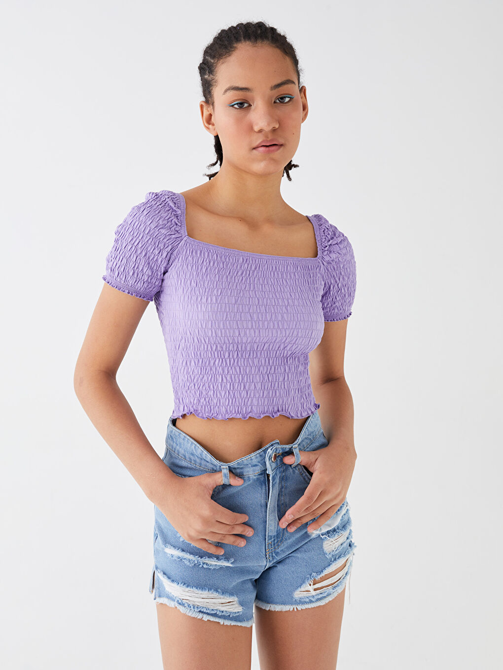 Square Collar Plain Short Sleeve Women's Crop Top-1