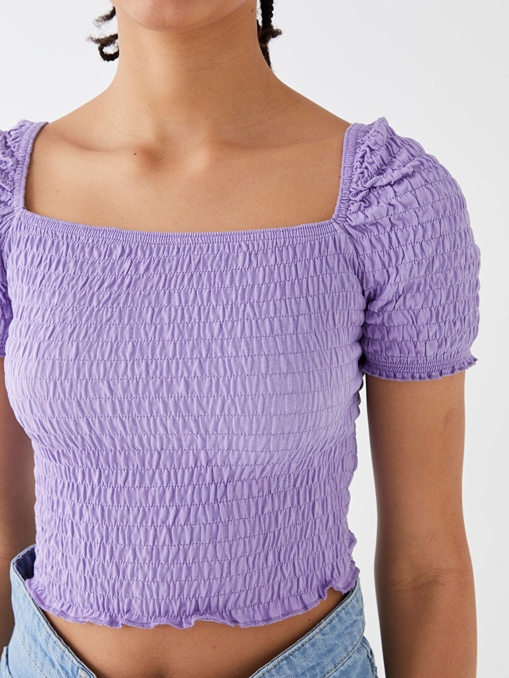 Square Collar Plain Short Sleeve Women's Crop Top-3