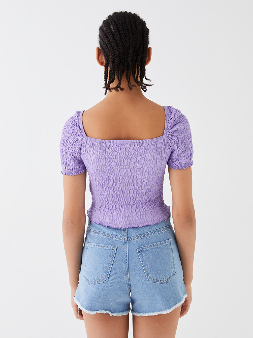 Square Collar Plain Short Sleeve Women's Crop Top-4