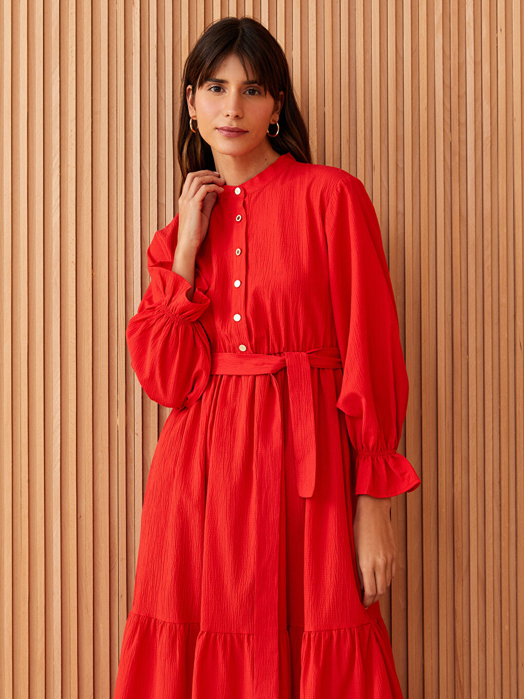 Pembe Hakim Yaka Düz Uzun Kollu Gofre Kadın Elbise-2