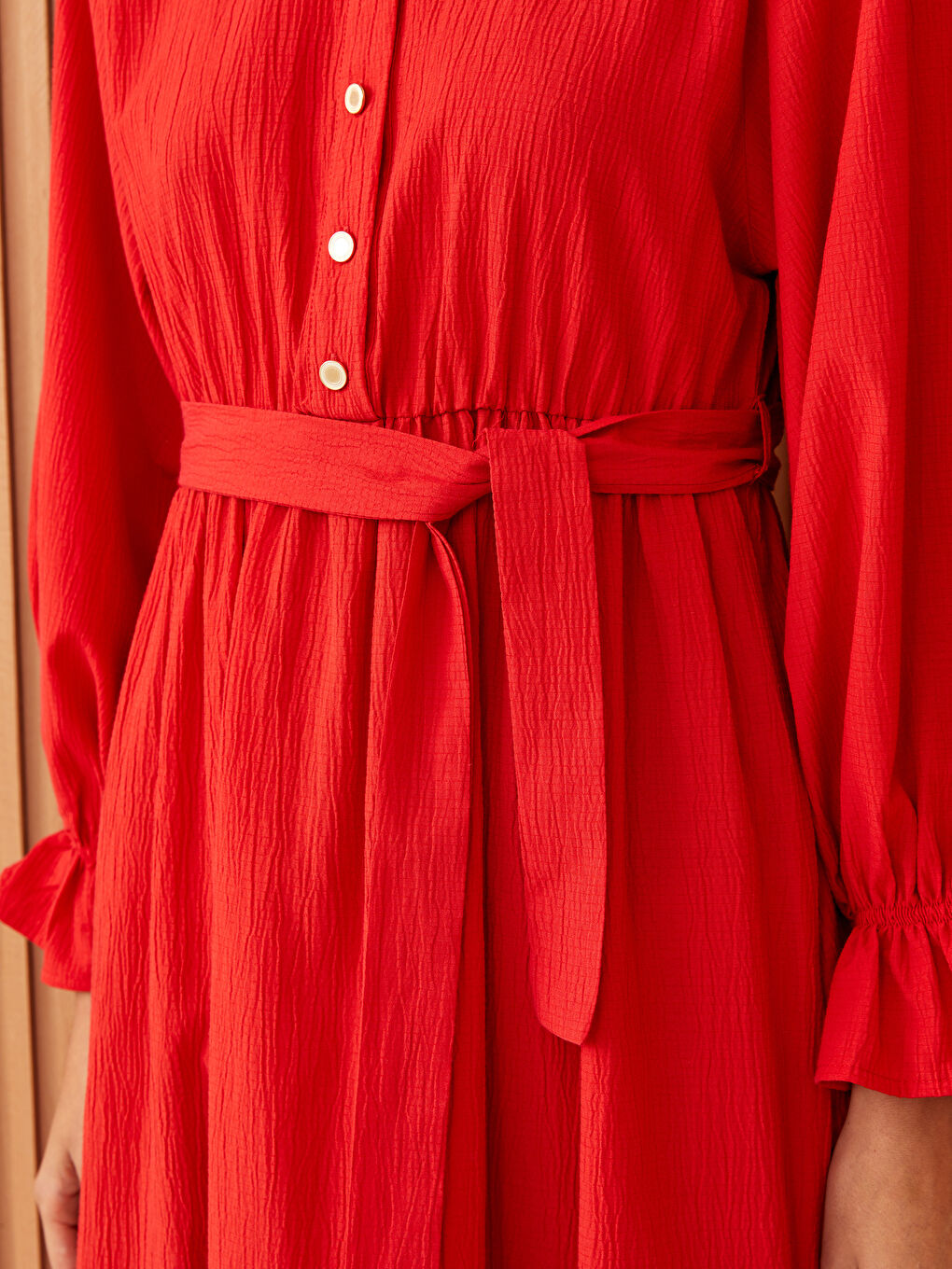 Pembe Hakim Yaka Düz Uzun Kollu Gofre Kadın Elbise-3