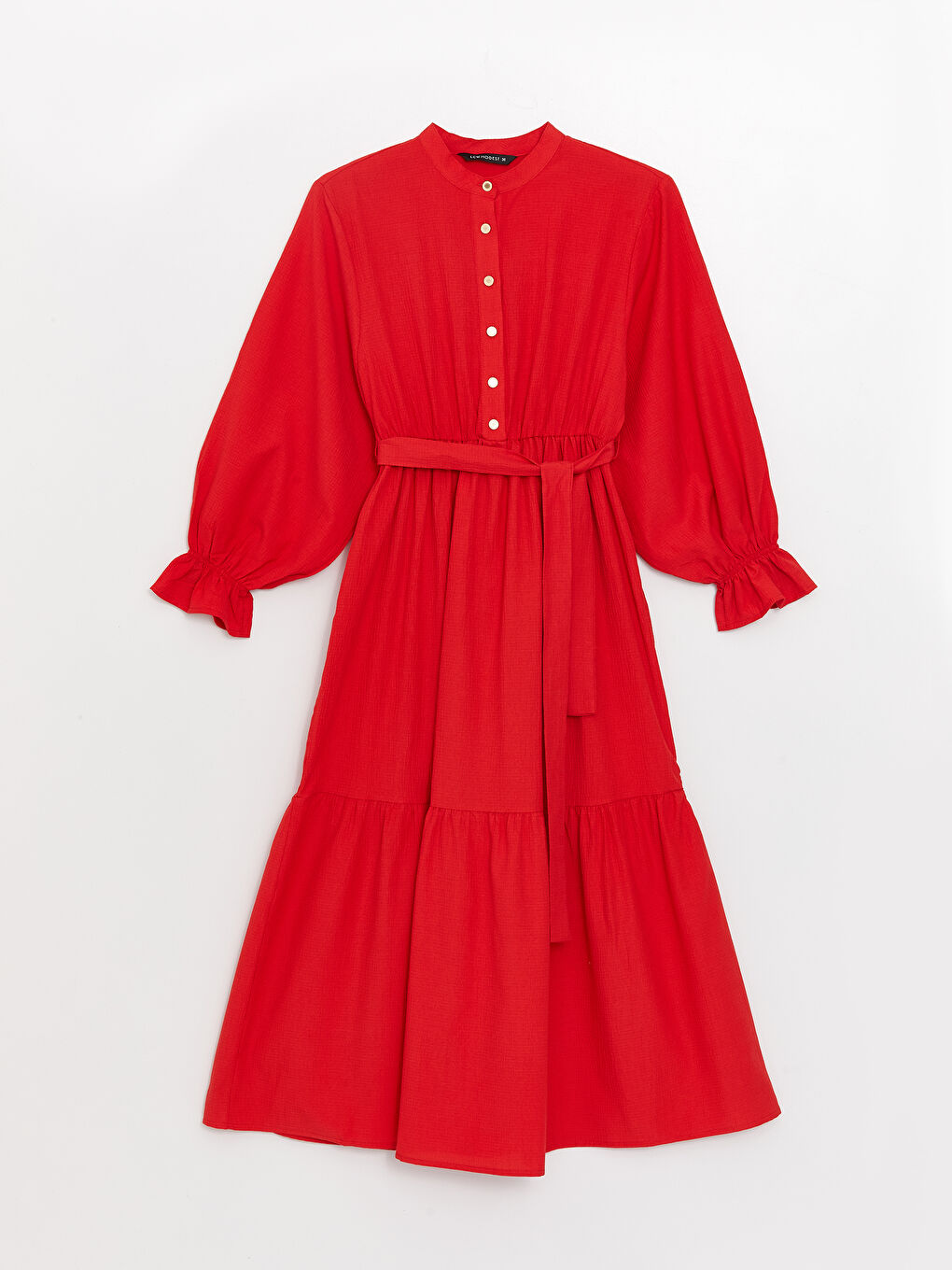 Pembe Hakim Yaka Düz Uzun Kollu Gofre Kadın Elbise-5