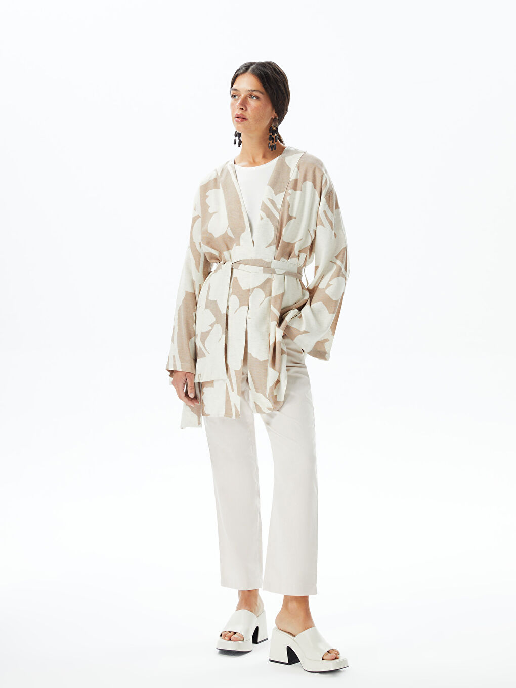 Ekru Beli Lastikli Düz Keten Karışımlı Kadın Pantolon