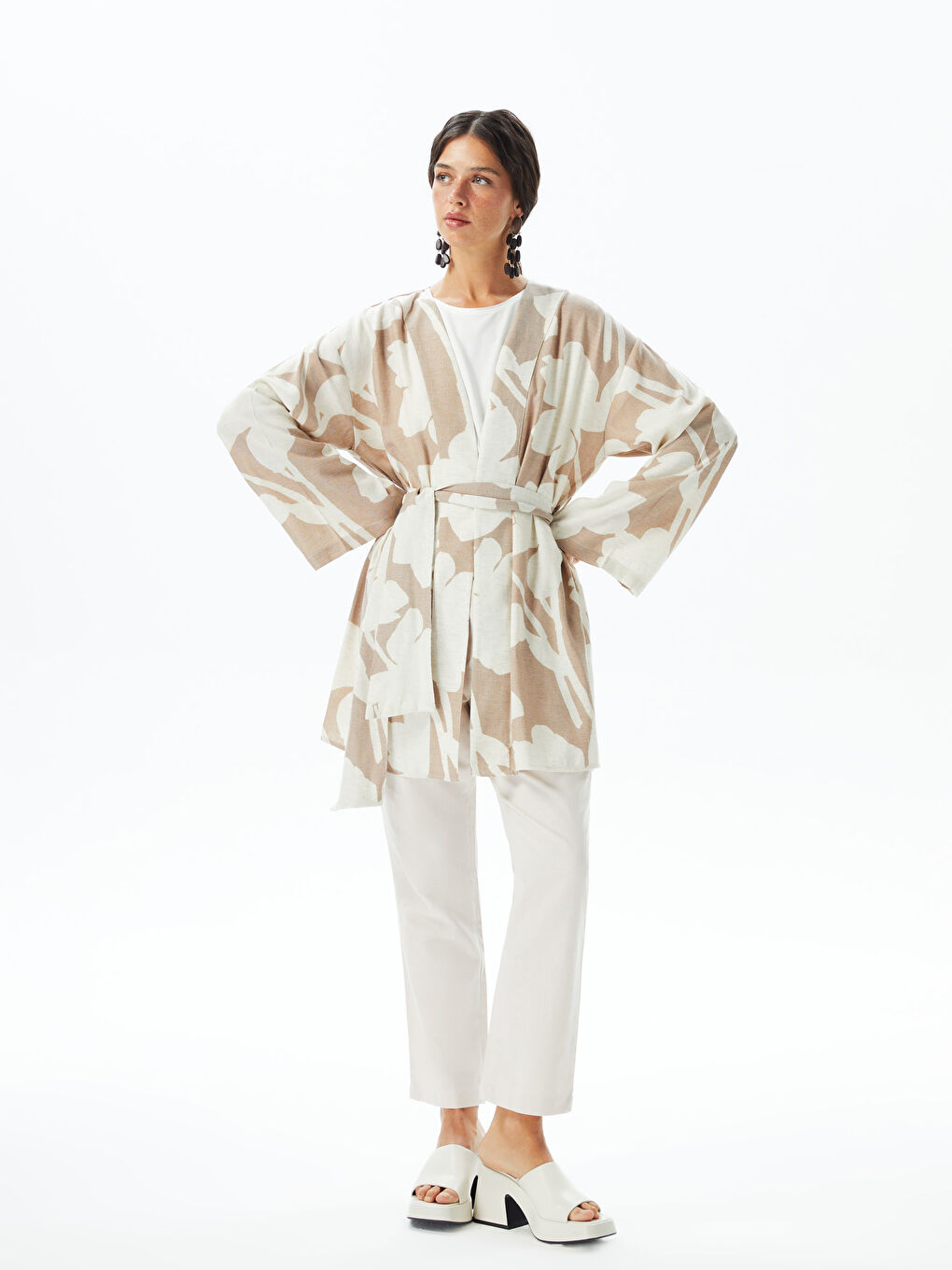 Ekru Beli Lastikli Düz Keten Karışımlı Kadın Pantolon-2