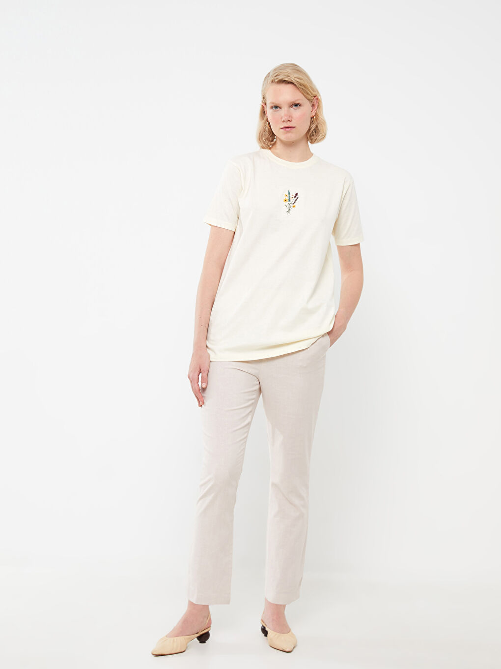 Ekru Beli Lastikli Düz Keten Karışımlı Kadın Pantolon-1