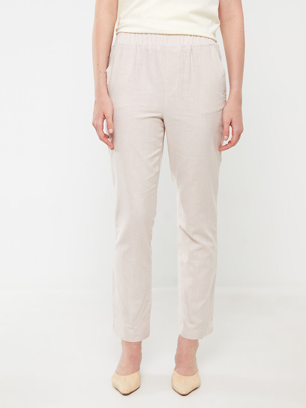 Ekru Beli Lastikli Düz Keten Karışımlı Kadın Pantolon-5