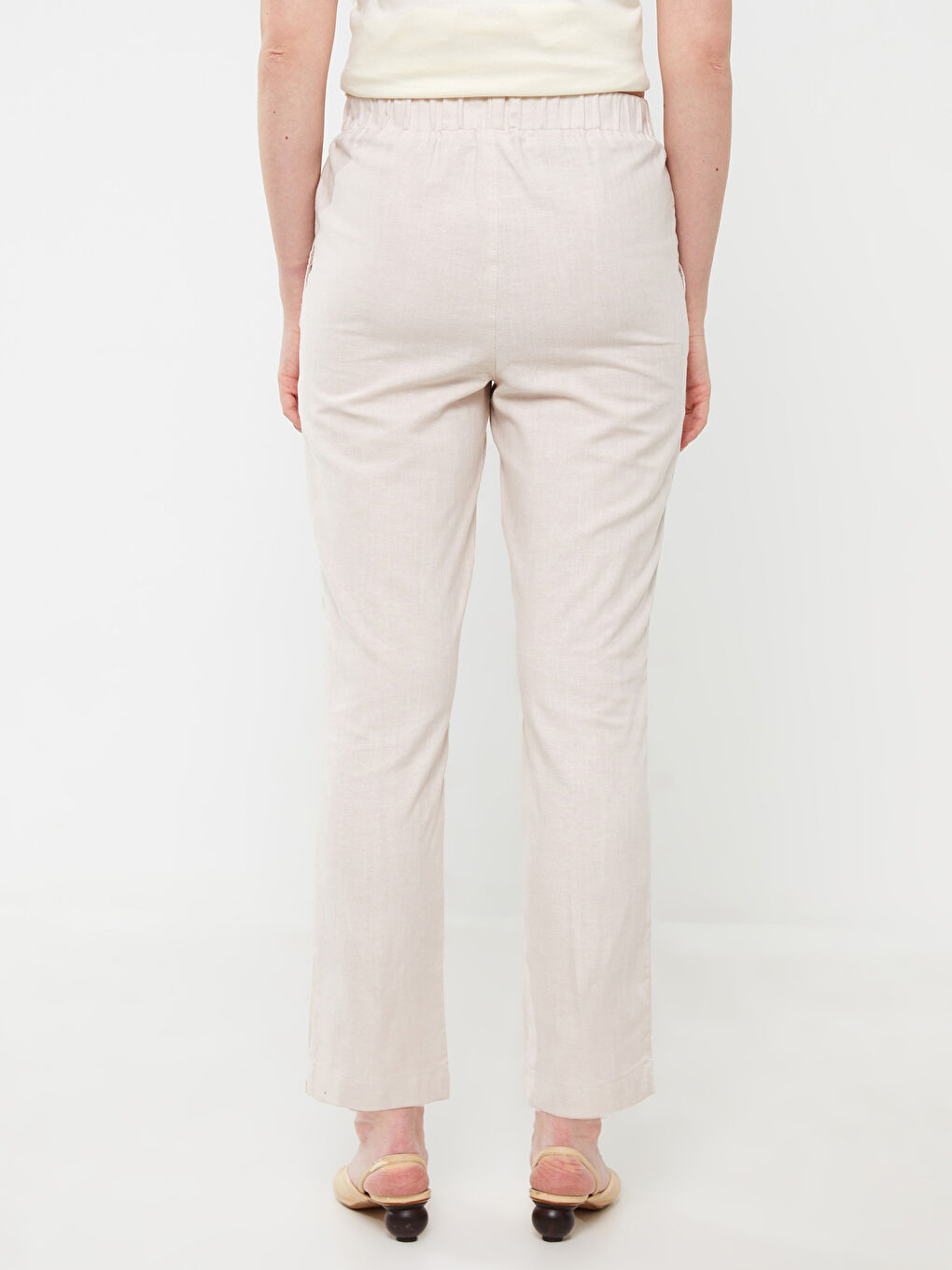 Ekru Beli Lastikli Düz Keten Karışımlı Kadın Pantolon-6