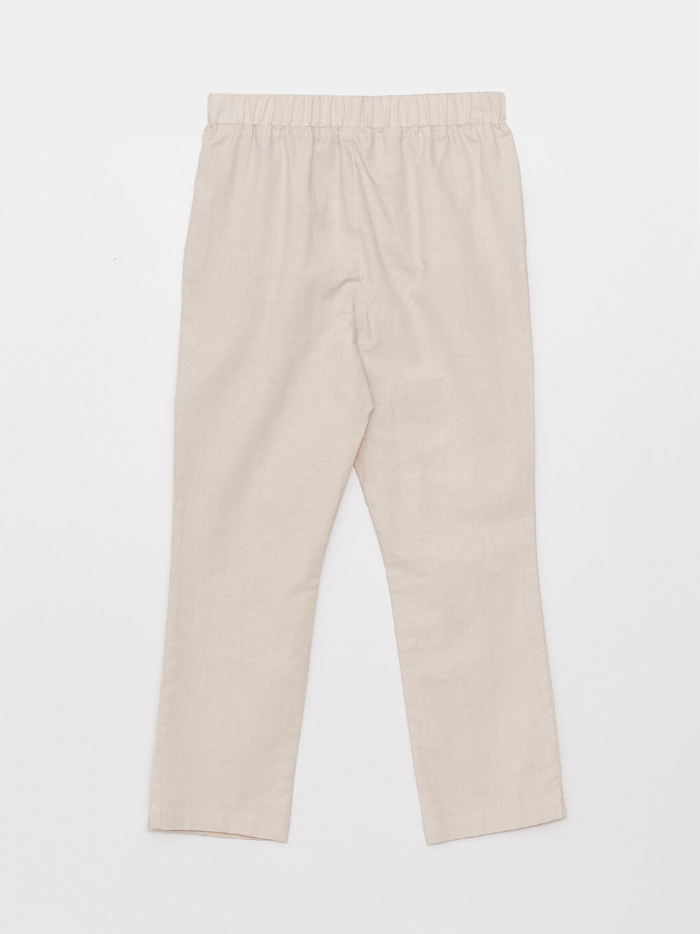 Ekru Beli Lastikli Düz Keten Karışımlı Kadın Pantolon-8