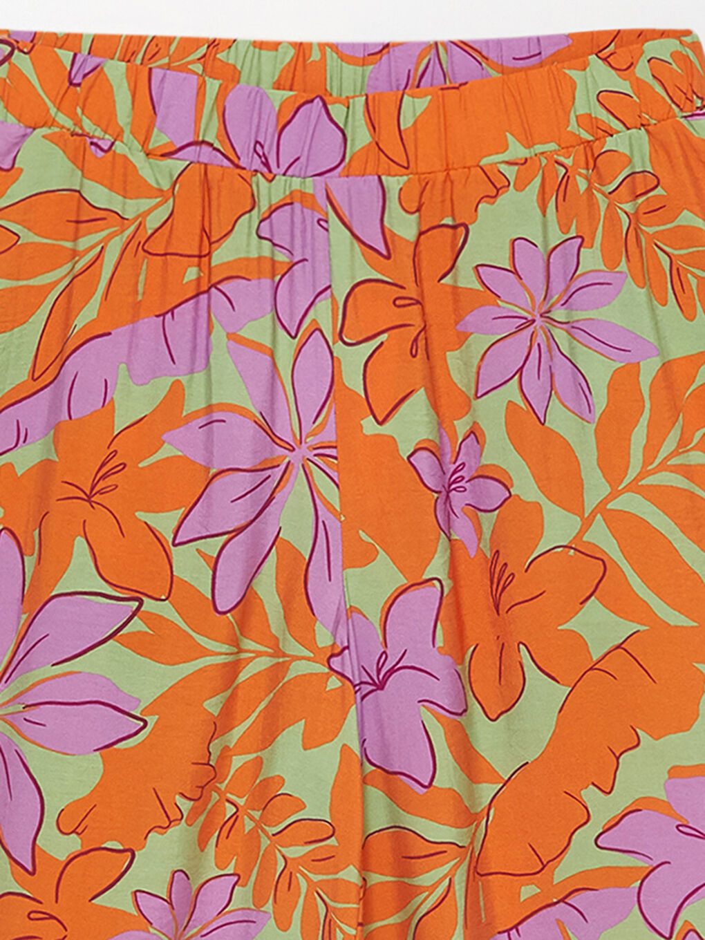 Turuncu Beli Lastikli Çiçekli Geniş Paça Kadın Pantolon-7