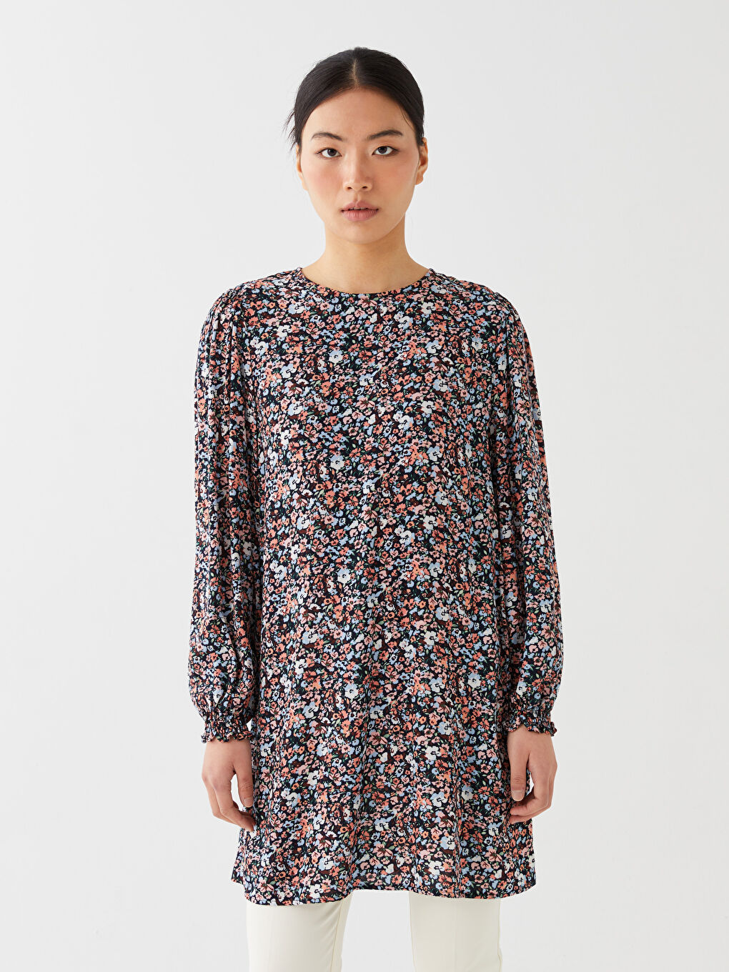 Karışık Bisiklet Yaka Çiçekli Uzun Kollu Kadın Tunik