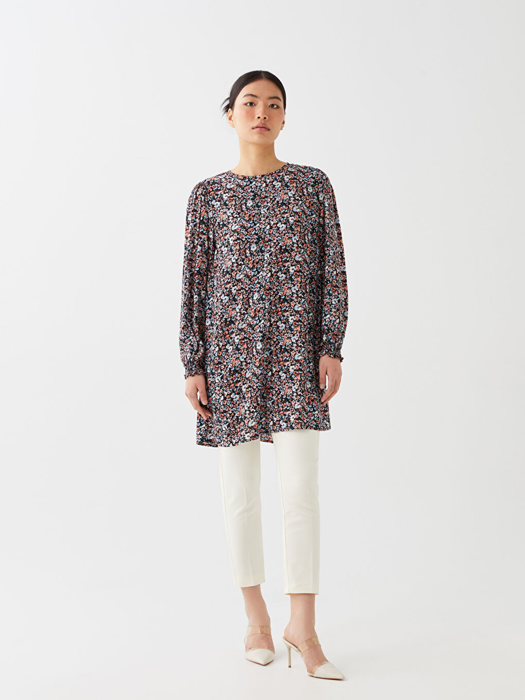 Karışık Bisiklet Yaka Çiçekli Uzun Kollu Kadın Tunik-1