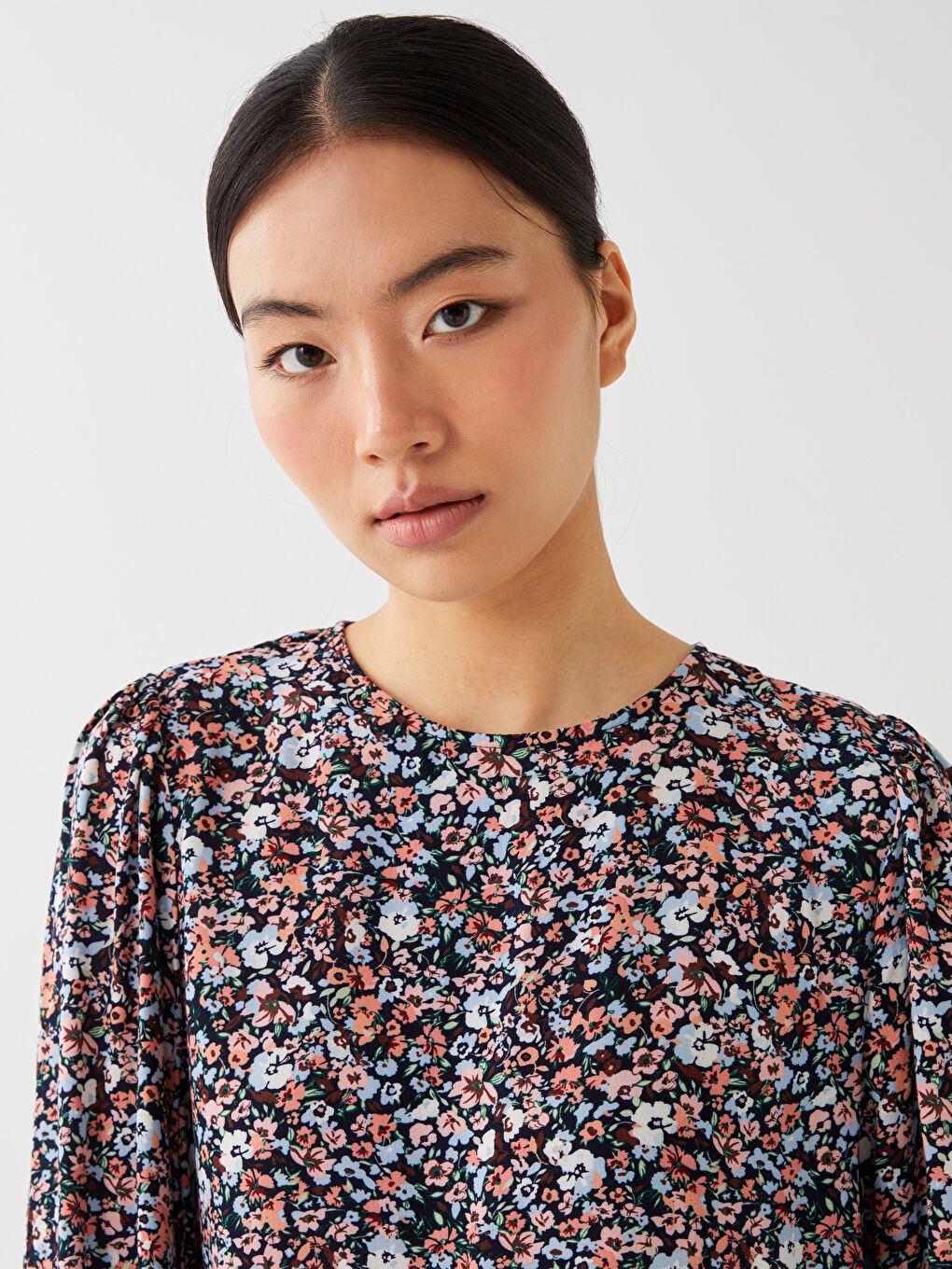 Karışık Bisiklet Yaka Çiçekli Uzun Kollu Kadın Tunik-2