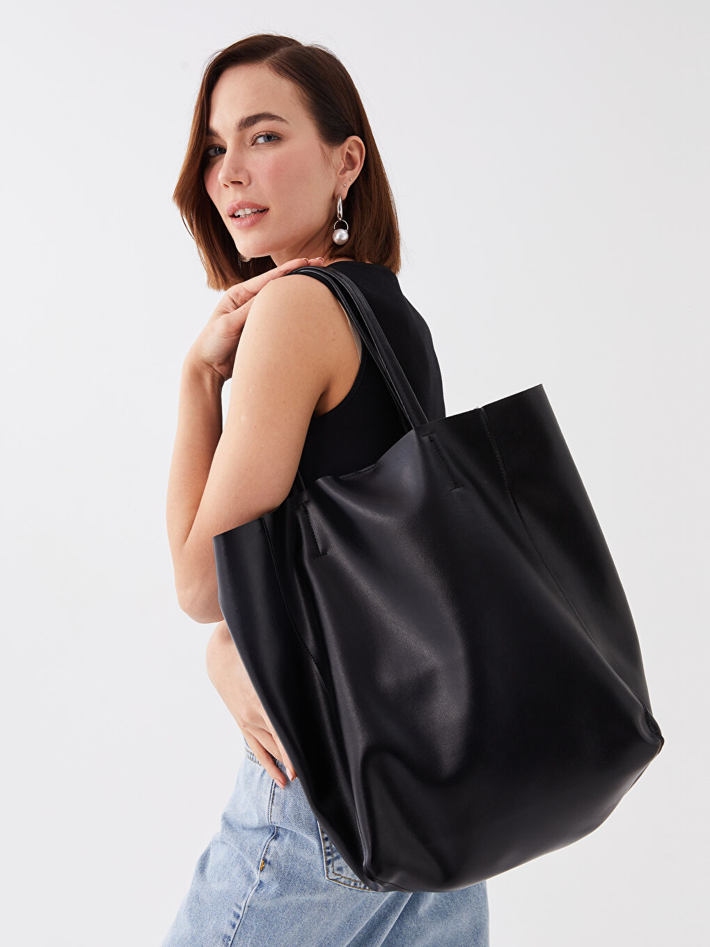 Siyah Deri Görünümlü Kadın Tote Çanta-2