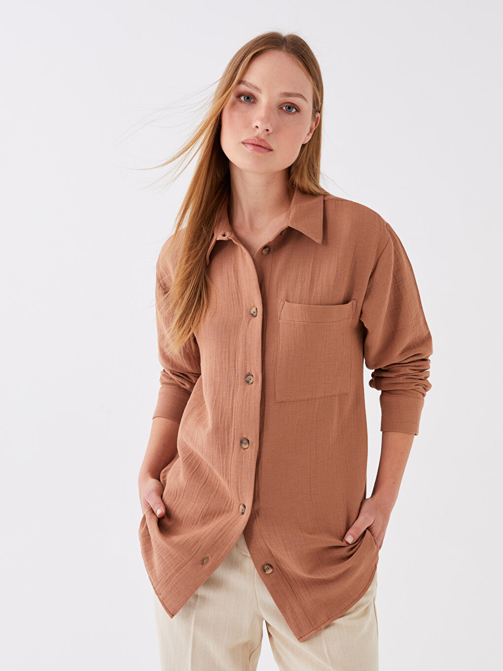 Kahverengi Düz Uzun Kollu Oversize Müslin Kadın Gömlek Tunik