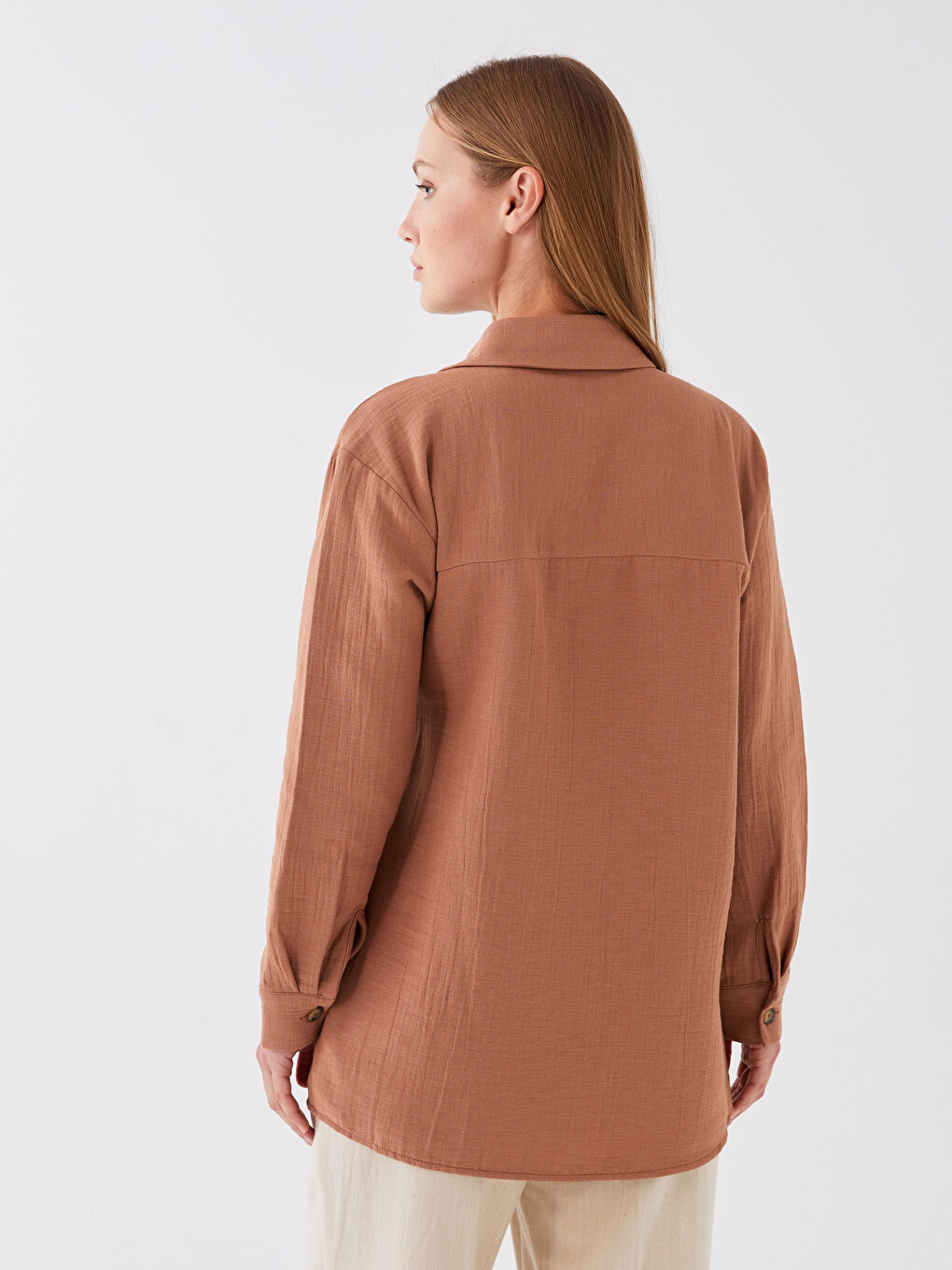 Kahverengi Düz Uzun Kollu Oversize Müslin Kadın Gömlek Tunik-4