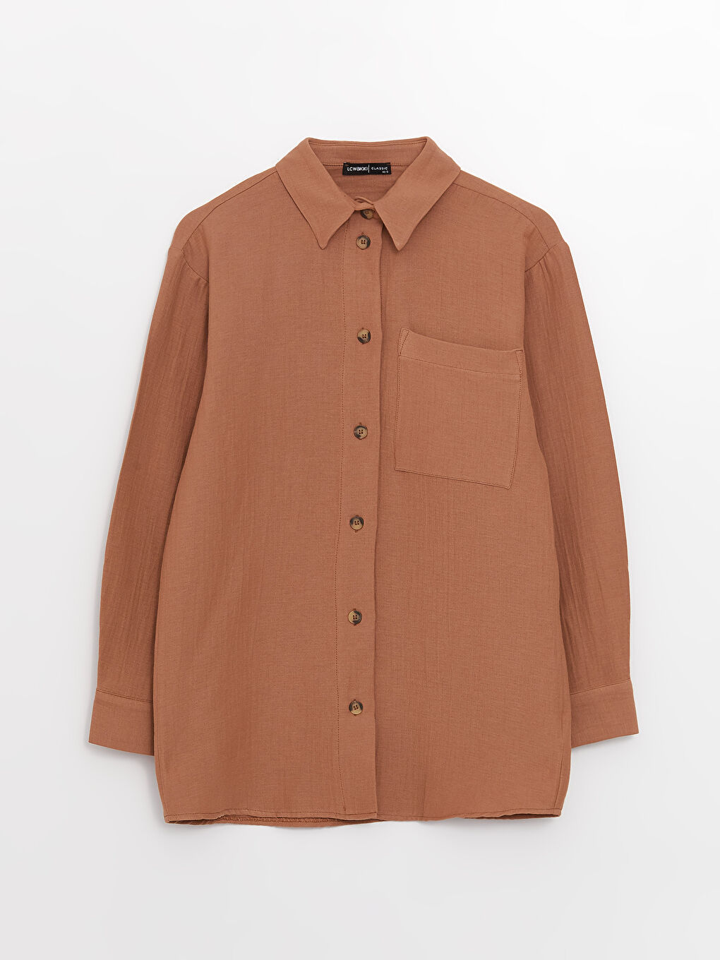 Kahverengi Düz Uzun Kollu Oversize Müslin Kadın Gömlek Tunik-5