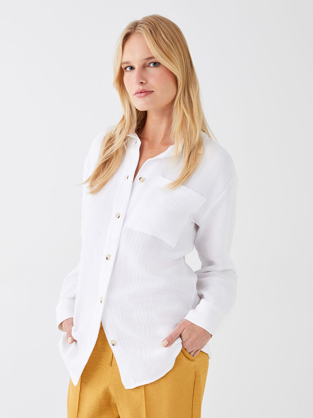 Beyaz Düz Uzun Kollu Oversize Müslin Kadın Gömlek Tunik