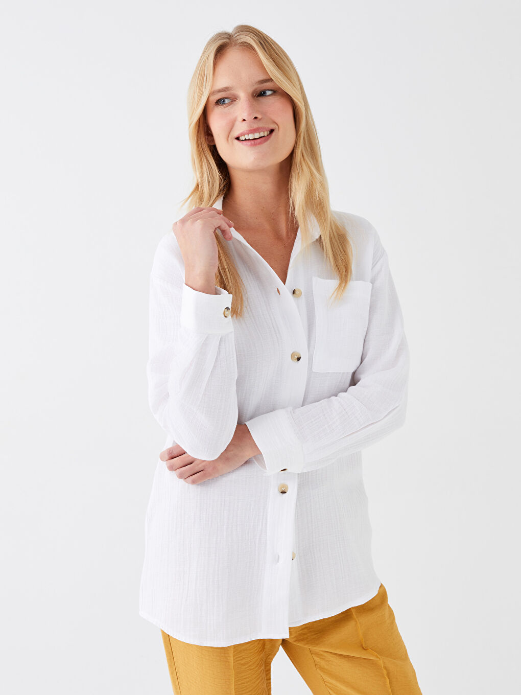 Beyaz Düz Uzun Kollu Oversize Müslin Kadın Gömlek Tunik-1